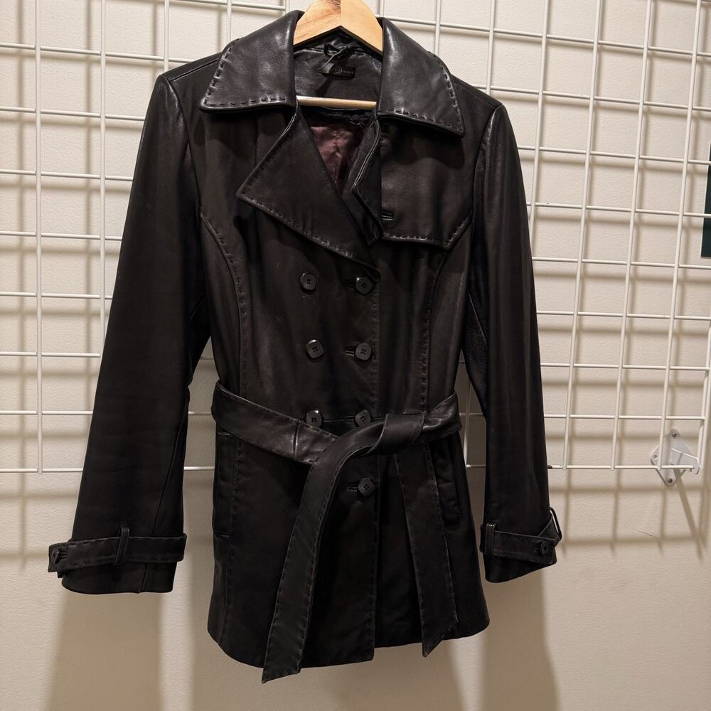 Womens Medium Black Genuine Leather Trench Coat Belted Double Breasted Vintage